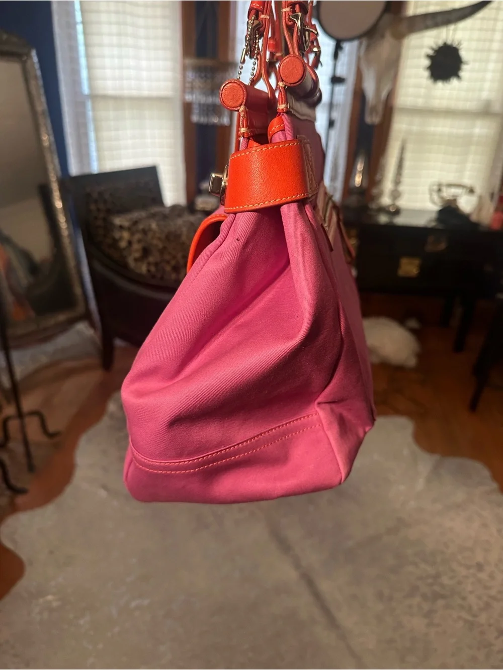 Vintage Coach Pink and Orange Hampton turnlock Canvas Tote with Buckle Front